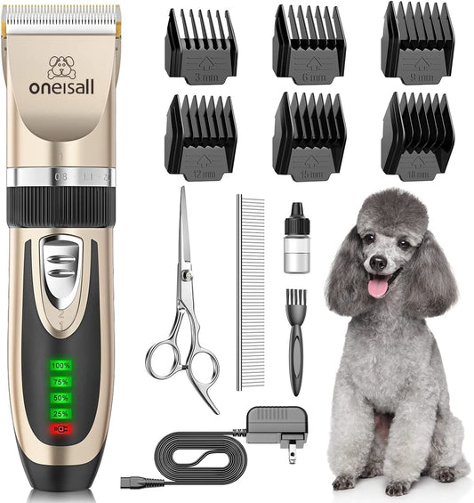 Dog Grooming Clippers with LED Display for Dogs & Cats | Low Noise Quiet,2-Speed,Cordless Rechargeable,Fast Charge,Detachable,Waterproof,Battery Level Display, Model X2,Gold